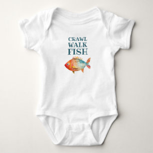 Crawl Walk Fish Funny Watercolor Fishing Baby Bodysuit