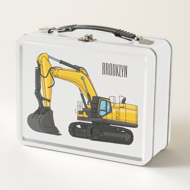 Crawler excavator cartoon illustration metal lunch box (Front)