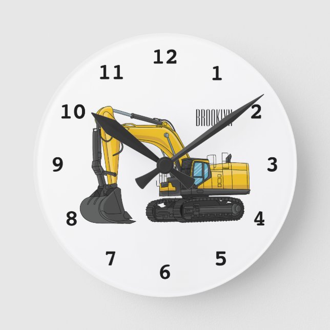 Crawler excavator cartoon illustration round clock (Front)