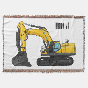 Crawler excavator cartoon illustration throw blanket
