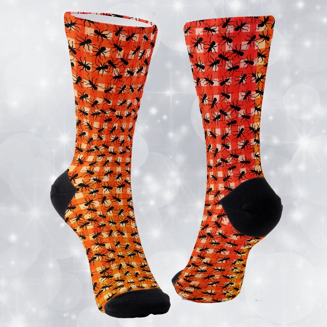 Crawling Black Ants on Red White Picnic Tablecloth Socks (Red white plaid picnic tablecloth pattern covered with crawling black ants on crew socks.)