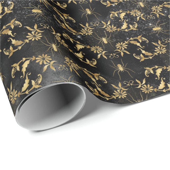 Crawly Spider Floral Halloween Pattern Wrapping Paper (Roll Corner)