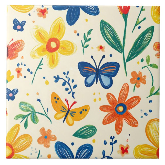 Crayon and Butterfly Flowers Tile (Front)