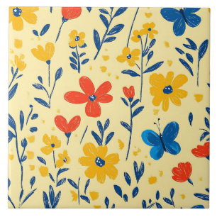 Crayon and Butterfly Flowers Tile