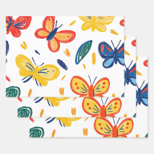 Crayon and Butterfly Flowers   Wrapping Paper Sheet