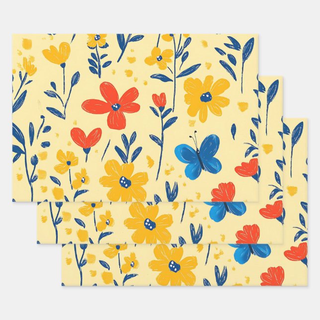 Crayon and Butterfly Flowers   Wrapping Paper Sheet (Set)