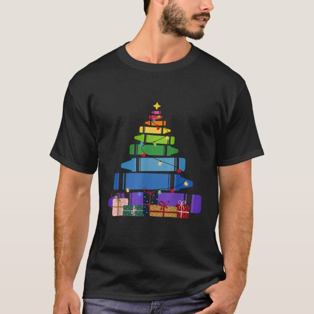 Crayon Christmas Tree Light Student Teacher Xmas W T-Shirt (Front)