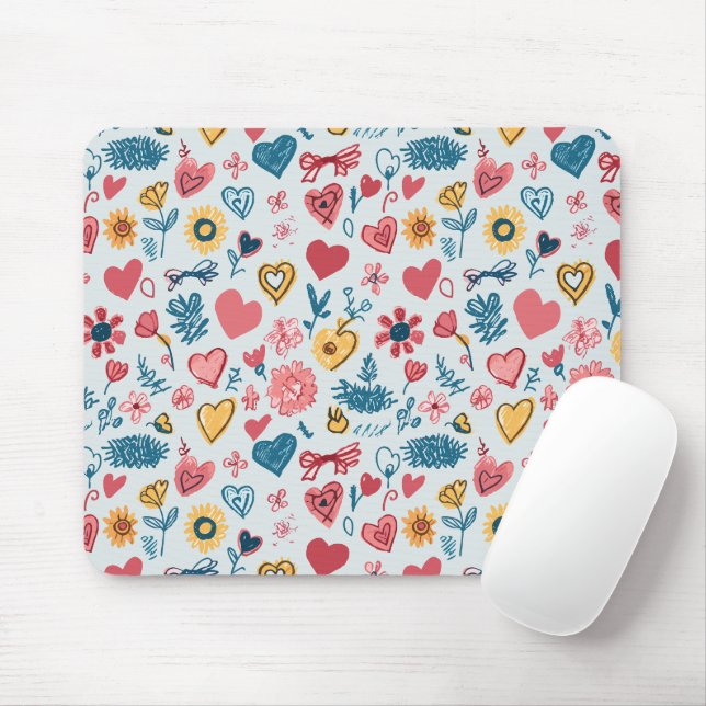 Crayon Pastel Heart & Flowers Mouse Pad (With Mouse)
