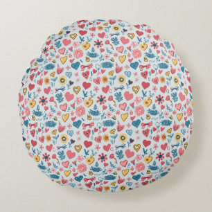 Crayon Pastel Heart & Flowers Round Pillow