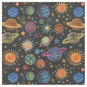 Crayon planets and sun in space pattern fabric