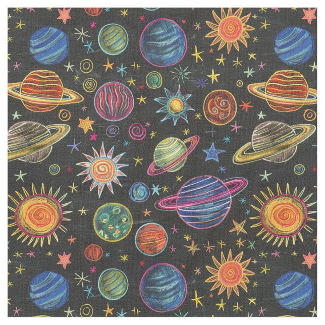 Crayon planets and sun in space pattern fabric (Close Up)