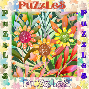 Crayon Sunflowers Colourful Greenery Jigsaw Puzzle