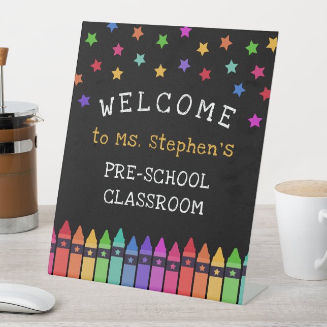 Crayons Stars Colourful Welcome Teacher's Classroo Pedestal Sign (In SItu)