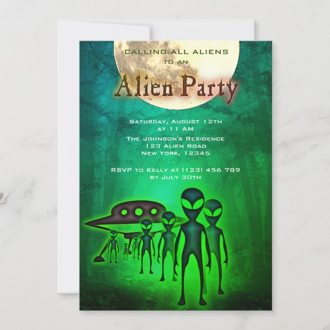 Crazy Alien & UFO in Forest Party Invite (Front)