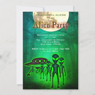 Crazy Alien & UFO in Forest Party Invite
