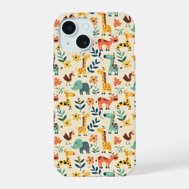 Crazy Animals Colourful Pattern iPhone 15 Case (Back)