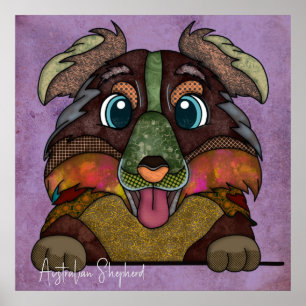  Crazy Australian Shepherd dog face-hand-painted  Poster