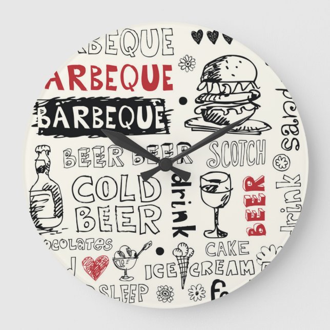 Crazy BBQ: Whimsical Doodle Art Large Clock (Front)