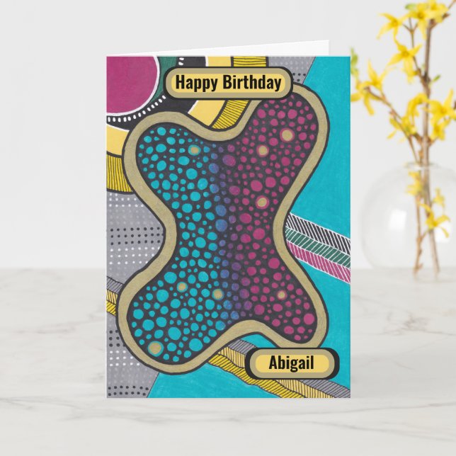 Crazy bright amoeba, doodle style, personalized, card (Yellow Flower)