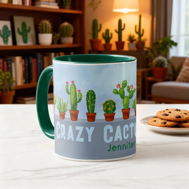 Crazy Cactus Lady Mug with Custom Name (Crazy cactus lady coffee mug. Fun personalized gift for a cactus lover and collector.)