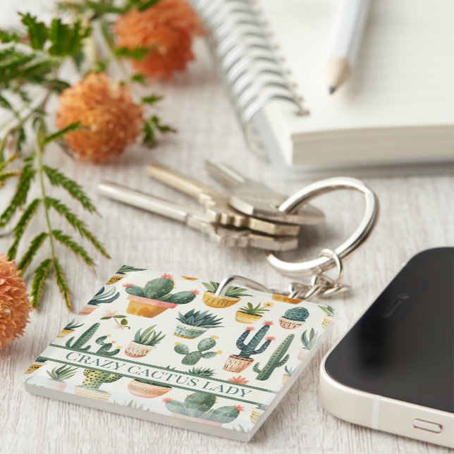 "Crazy cactus lady! text on a cactus design Keychain (Front Right)