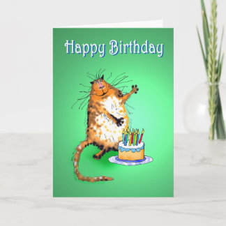 crazy cat and Birthday cake and candles, humour, Card