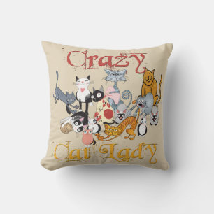 Crazy Cat Lady Cartoon Cats Throw Pillow