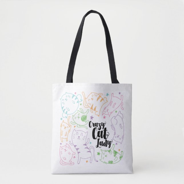 Crazy Cat Lady Colourful Cartoon Pattern Gift Tote Bag (Front)