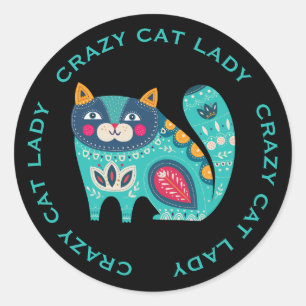 Crazy Cat Lady, Colourful Stylized Cat Classic Round Sticker