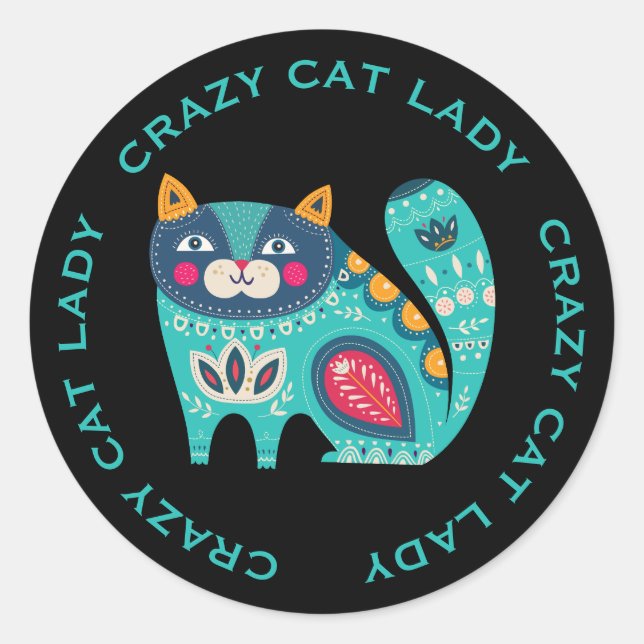 Crazy Cat Lady, Colourful Stylized Cat  Classic Round Sticker (Front)
