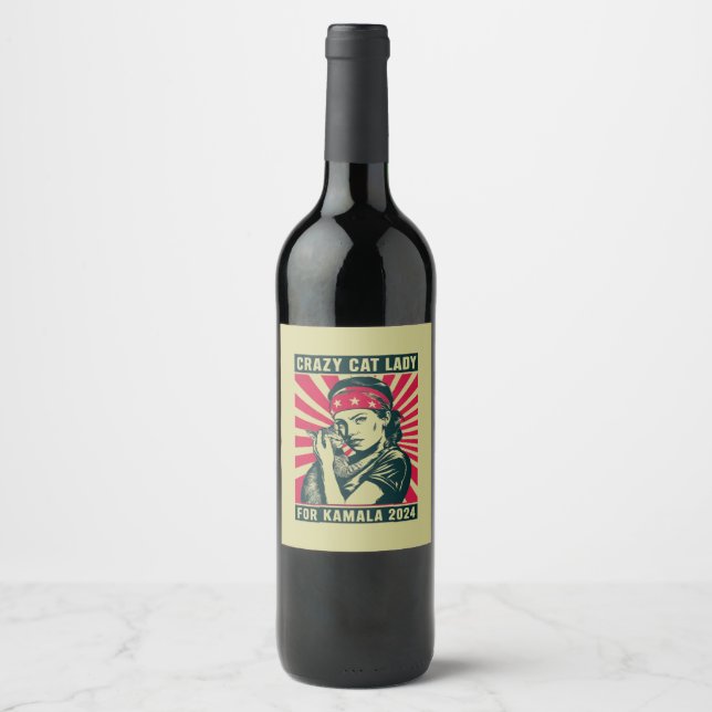 Crazy Cat Lady For Kamala 2024  Wine Label (Front)