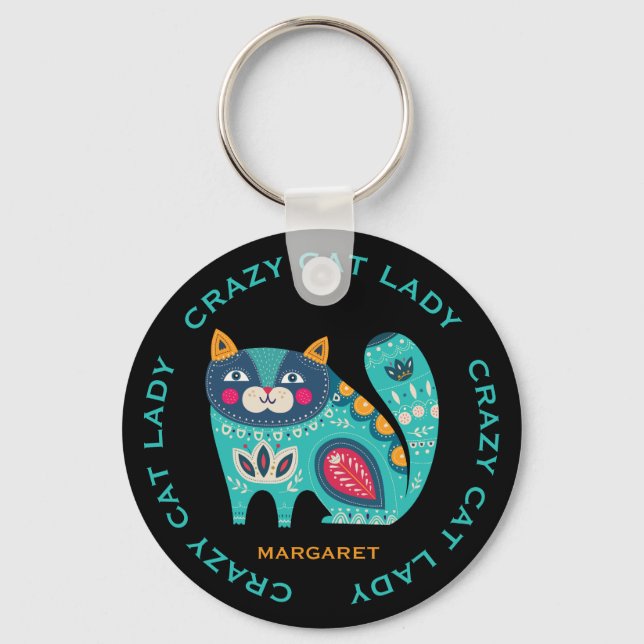 Crazy Cat Lady, Fun Stylized  Cat Illustration  Keychain (Front)