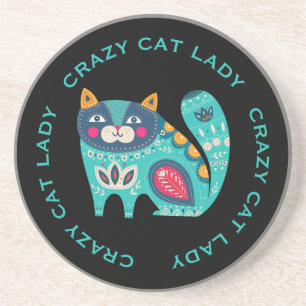 Crazy Cat Lady, Fun Stylized Cat on Black Coaster
