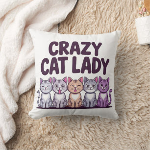 Crazy Cat Lady Funny Cute Purple Cat Cartoon Throw Pillow