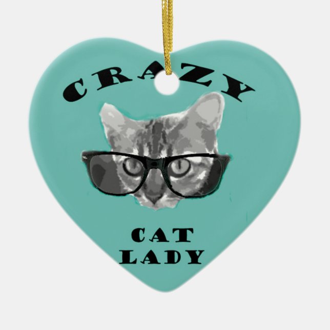 Crazy Cat Lady Funny Slogan with Hipster Glasses Ceramic Ornament (Front)