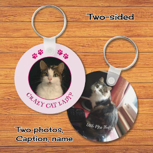 Crazy cat lady photo custom text pink keychain