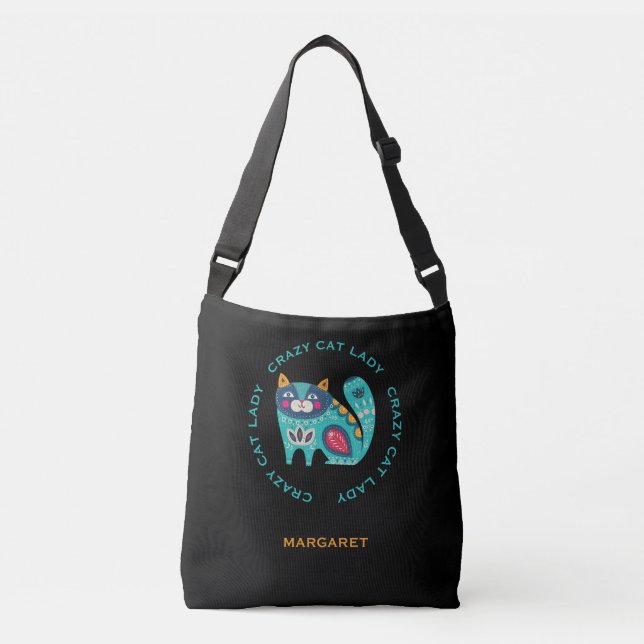 Crazy Cat Lady, Stylized Cat Illustration Crossbody Bag (Front)