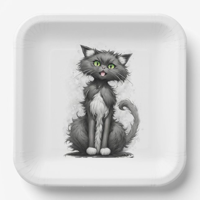 Crazy Cat On White Paper Plate (Front)