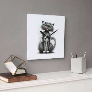 Crazy Cat On White Square Wall Clock