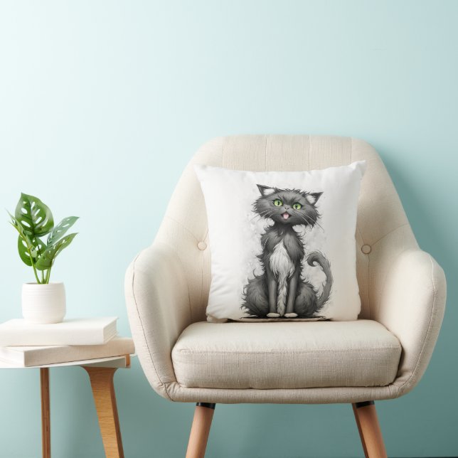 Crazy Cat On White Throw Pillow (Chair)
