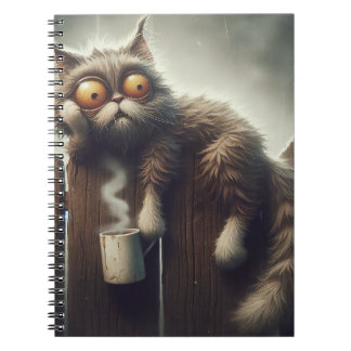 CRAZY CAT WITH CUP OF COFFEE ON FENCE NOTEBOOK