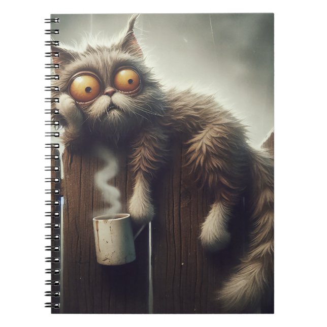 CRAZY CAT WITH CUP OF COFFEE ON FENCE NOTEBOOK (Front)