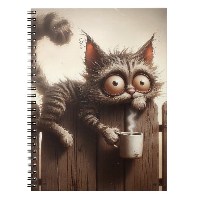 CRAZY CAT WITH CUP OF COFFEE ON FENCE NOTEBOOK (Front)