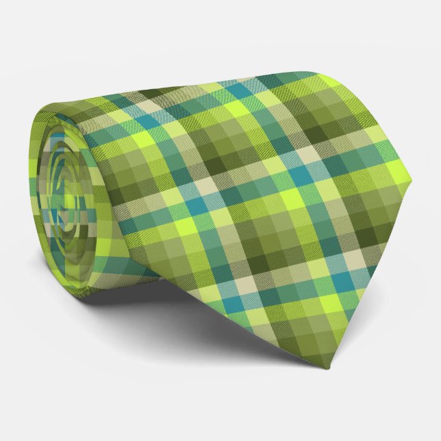 Crazy Check Plaid Olive Green and Teal Two-Sided Tie (Rolled)