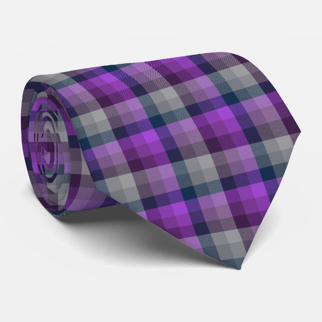 Crazy Check Plaid Purple and Navy Two-Sided Tie (Rolled)