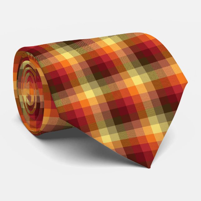Crazy Check Plaid Red and Orange Two-Sided Tie (Rolled)