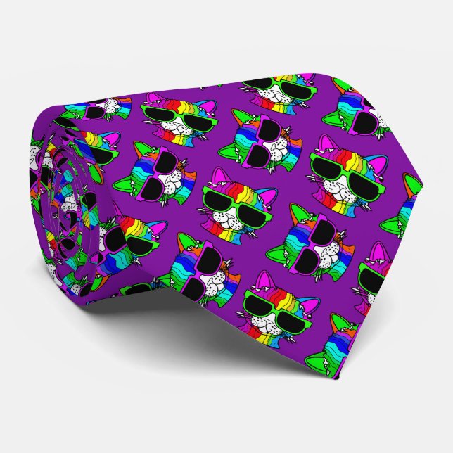 Crazy Colorful Cool Rainbow Cat Pattern on Purple Tie (Rolled)