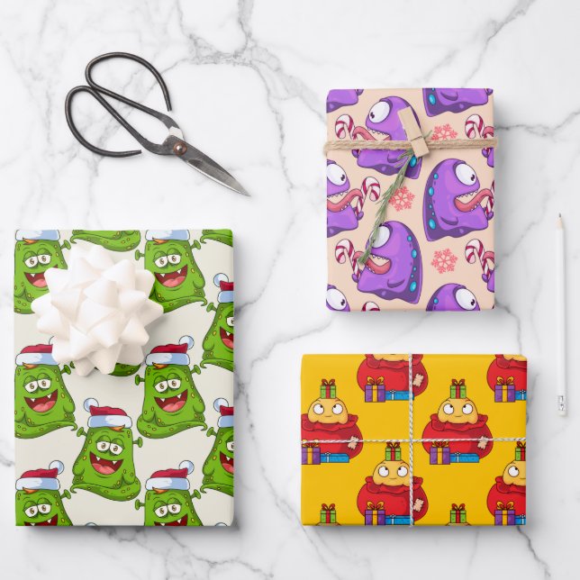 Crazy Colourful Monster Christmas Pattern Wrapping Paper Sheet (Front)
