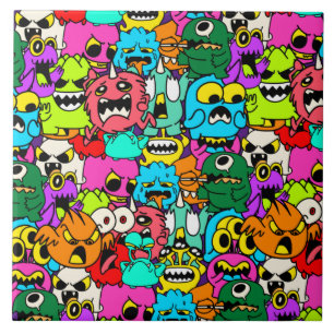 Crazy Colourful Monster Doodle Pattern Tile