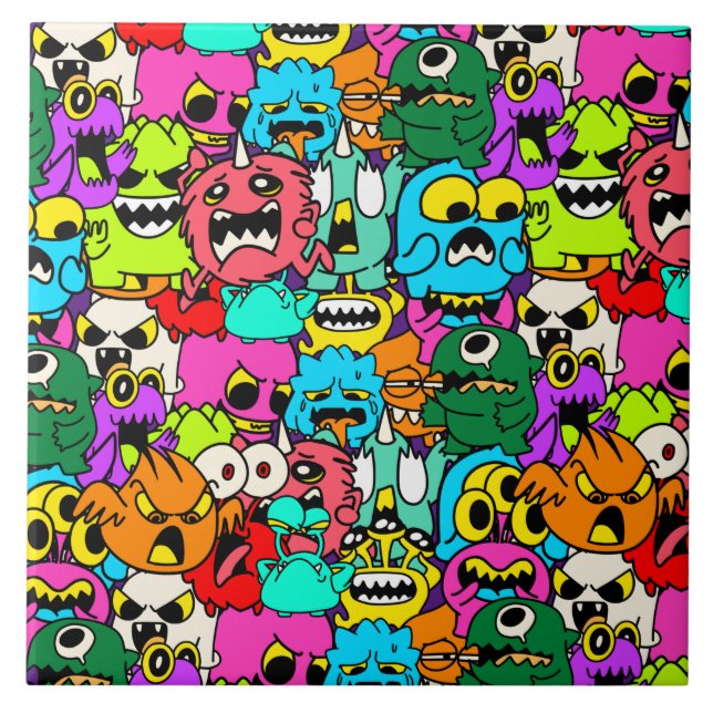 Crazy Colourful Monster Doodle Pattern Tile (Front)